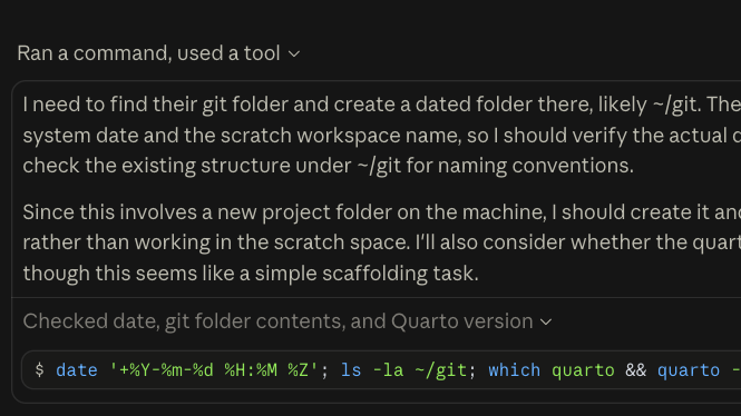Close crop of Claude Code in the desktop app: the model's thinking, which starts "I need to find their git folder and create a dated folder there, likely ~/git
